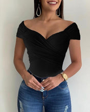 Load image into Gallery viewer, Blouse Women V Neck Shrot Sleeve Shirts Summer Elegant Office Ladies Slim Fit Off Shoulder Solid Color Womens Sexy Tops