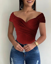 Load image into Gallery viewer, Blouse Women V Neck Shrot Sleeve Shirts Summer Elegant Office Ladies Slim Fit Off Shoulder Solid Color Womens Sexy Tops