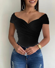 Load image into Gallery viewer, Blouse Women V Neck Shrot Sleeve Shirts Summer Elegant Office Ladies Slim Fit Off Shoulder Solid Color Womens Sexy Tops