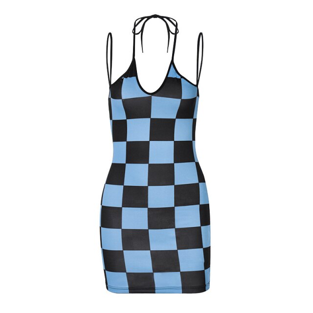 Blue Checkerboard Women Sexy Bodycon Ruched Dress Backless Spaghetti Straps Halter Clubwear Summer Dress Party Dress