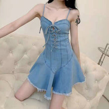 Load image into Gallery viewer, Blue Denim Camisole Dresses 2021 Ladies Summer Casual Vestidos For Women Sexy Backless Spaghetti Strap DrawString Robe Fashion