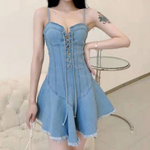 Load image into Gallery viewer, Blue Denim Camisole Dresses 2021 Ladies Summer Casual Vestidos For Women Sexy Backless Spaghetti Strap DrawString Robe Fashion