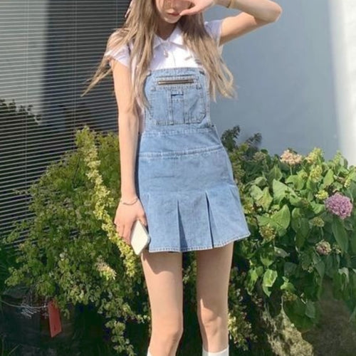 Blue Kawaii Denim Women Dress Summer 2021 Harajuku Casual Suspender Pleated Mini Dress Streetwear Chic Korean Fashinon Clothing