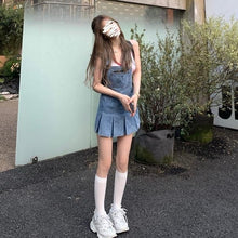 Load image into Gallery viewer, Blue Kawaii Denim Women Dress Summer 2021 Harajuku Casual Suspender Pleated Mini Dress Streetwear Chic Korean Fashinon Clothing