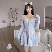 Load image into Gallery viewer, Blue Lolita Kawaii Knitted Dress Women Japanese Lace Patchwork Sweet Sweater Dress Female Sexy Korean Cute Party Mini Dress 2021