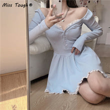 Load image into Gallery viewer, Blue Lolita Kawaii Knitted Dress Women Japanese Lace Patchwork Sweet Sweater Dress Female Sexy Korean Cute Party Mini Dress 2021