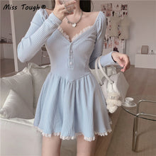 Load image into Gallery viewer, Blue Lolita Kawaii Knitted Dress Women Japanese Lace Patchwork Sweet Sweater Dress Female Sexy Korean Cute Party Mini Dress 2021