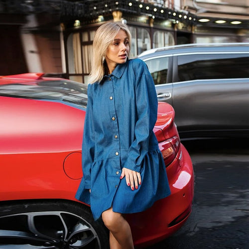 Blue Ruffle Shirt Dress For Women Casual Lantern Sleeve Turn Down Collar Loose Mini Dress Vintage Autumn Fashion Street Dresses