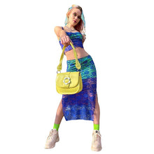 Load image into Gallery viewer, Blue lace knitted two piece dress set Strap hollow out sexy crop top high split midi skirt Elegant party women clothing outfits
