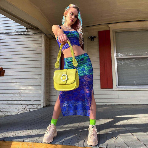 Blue lace knitted two piece dress set Strap hollow out sexy crop top high split midi skirt Elegant party women clothing outfits