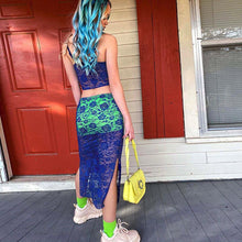 Load image into Gallery viewer, Blue lace knitted two piece dress set Strap hollow out sexy crop top high split midi skirt Elegant party women clothing outfits