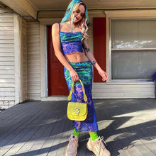 Load image into Gallery viewer, Blue lace knitted two piece dress set Strap hollow out sexy crop top high split midi skirt Elegant party women clothing outfits