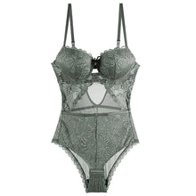 Load image into Gallery viewer, Body Women Sexy Lingerie Push Up Bodysuit Padded Cup Underwire Floral Pattern Army Green Bra and Brief Set High Cut Underwear