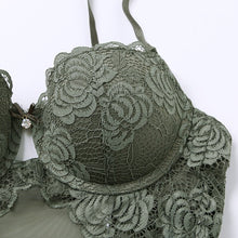 Load image into Gallery viewer, Body Women Sexy Lingerie Push Up Bodysuit Padded Cup Underwire Floral Pattern Army Green Bra and Brief Set High Cut Underwear