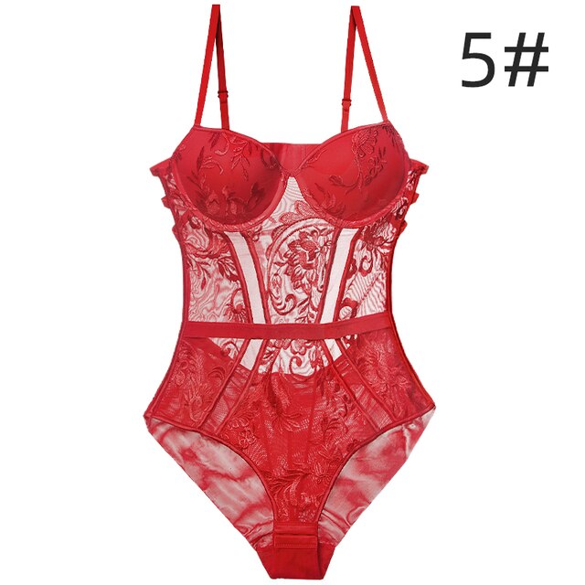 Body Women's Sexy Lingerie Bodysuit Push Up Padded Cup Strappy Back Underwire Floral Emboridery Underwear One-piece Lingerie