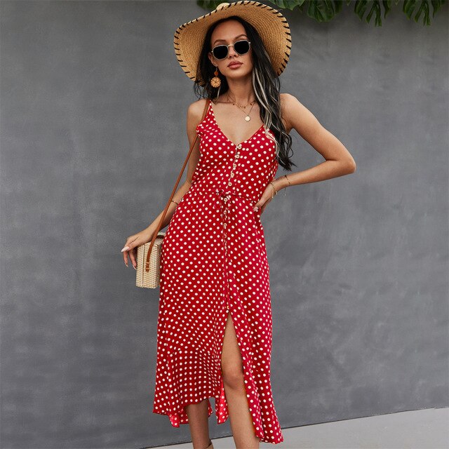 Bohemia Polka Dot Spaghetti Strap Dress Women 2021 Summer Casual V Neck Holiday Bandage Dress Ladies Beach Slim A Line Dresses