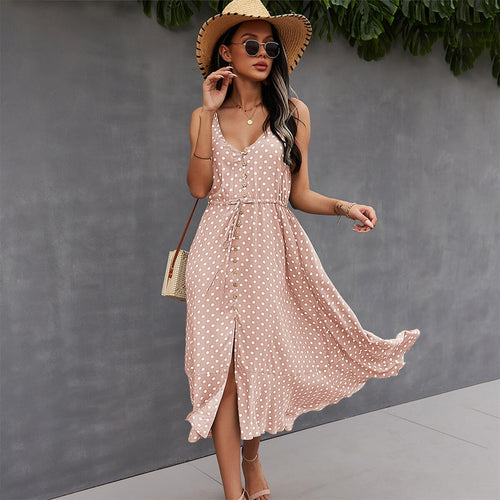 Bohemia Polka Dot Spaghetti Strap Dress Women 2021 Summer Casual V Neck Holiday Bandage Dress Ladies Beach Slim A Line Dresses