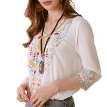 Load image into Gallery viewer, Bohemian 3/4 Sleeve Floral Embroidered Boho Blouse for Women Loose V-Neck Tops Women&#39;s Casual Shirt Mexican Peasant Shirts
