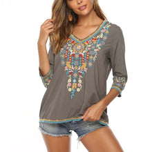 Load image into Gallery viewer, Bohemian 3/4 Sleeve Floral Embroidered Boho Blouse for Women Loose V-Neck Tops Women&#39;s Casual Shirt Mexican Peasant Shirts