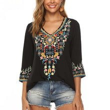 Load image into Gallery viewer, Bohemian 3/4 Sleeve Floral Embroidered Boho Blouse for Women Loose V-Neck Tops Women&#39;s Casual Shirt Mexican Peasant Shirts