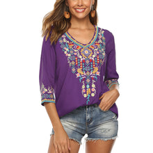 Load image into Gallery viewer, Bohemian 3/4 Sleeve Floral Embroidered Boho Blouse for Women Loose V-Neck Tops Women&#39;s Casual Shirt Mexican Peasant Shirts