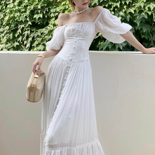 Bohemian Vintage Puff Sleeve White Long Robe Women Summer Elegant Party Dresses Fashion Square Collar Vacation Vestidos De Mujer