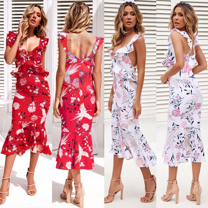 Boho Ruffles Women Bodycon Sundress Floral Sleeveless Deep V Neck Backless Party Holiday Dresses Fashion Elegant Clothes Beach