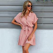 Load image into Gallery viewer, Boho Shirt Dress Women Summer Dot Print Clothing Green Bow-Knot Short Sleeve Outfit Loose Chiffon Casual Mini Dress Office Lady