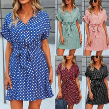 Load image into Gallery viewer, Boho Shirt Dress Women Summer Dot Print Clothing Green Bow-Knot Short Sleeve Outfit Loose Chiffon Casual Mini Dress Office Lady