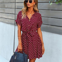 Load image into Gallery viewer, Boho Shirt Dress Women Summer Dot Print Clothing Green Bow-Knot Short Sleeve Outfit Loose Chiffon Casual Mini Dress Office Lady