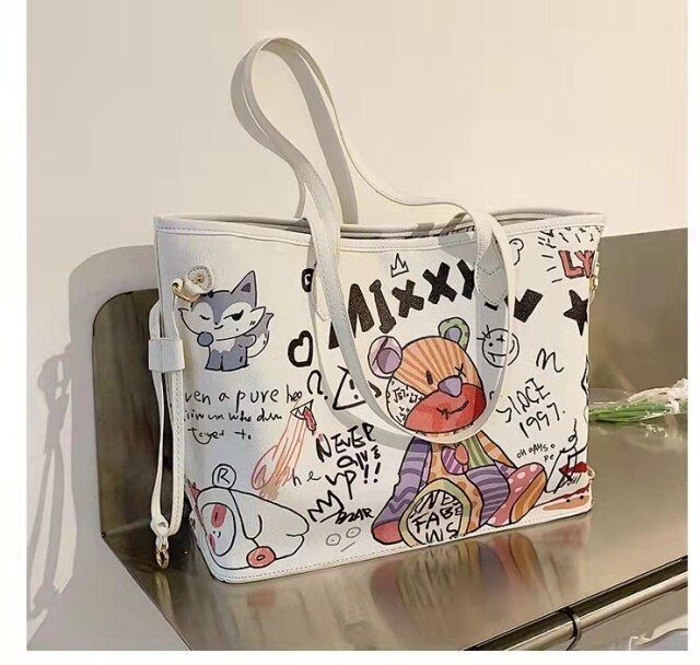 Bolsa tote feminina com estampa de desenho, bolsa de mão de couro pu de alta capacidade, bolsa de ombro para compras