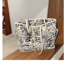 Load image into Gallery viewer, Bolsa tote feminina com estampa de desenho, bolsa de mão de couro pu de alta capacidade, bolsa de ombro para compras