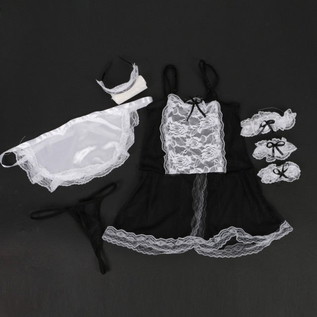 Bow Lace Cosplay Maid Uniform Lingerie Women Sexy Underwear Sexy Erotic Lingerie Halloween Role Play Costumes