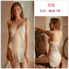 Load image into Gallery viewer, Brand autumn and winter hollow bandage temptation pajamas women deep V chest pad suspenders nightdress home service suit