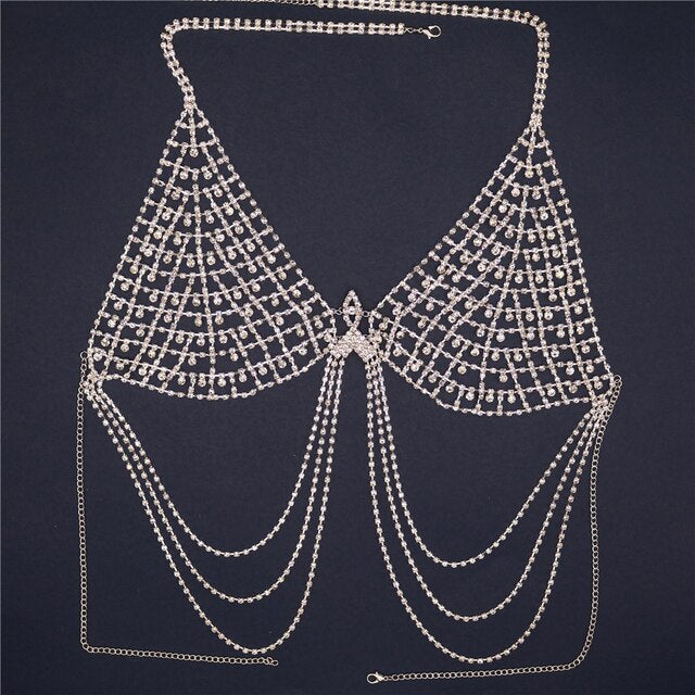 Bright rhinestone body chain jewelry for women sexy adjustable crystal tassel bra chain bikini lingerie nightclub party jewelry