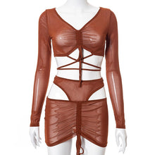 Load image into Gallery viewer, Brown Sexy Hollow Out Crop Tops And Mini Skinny Skirt Suit Women 2 Piece Set Party Birthday Club Outfits Y2K Dress Sets Vacation