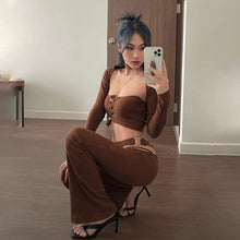 Load image into Gallery viewer, Buttoned Tube Top Vest Shawl Long Sleeve Micro Trousers Suit Pure Brown Asymmetric Hollow Out Square Collar Streetwear 2022 New