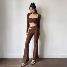 Load image into Gallery viewer, Buttoned Tube Top Vest Shawl Long Sleeve Micro Trousers Suit Pure Brown Asymmetric Hollow Out Square Collar Streetwear 2022 New
