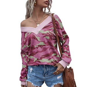 Camouflage T Shirt Tees 2021 Autumn Long Sleeve Women Tie Loose T-shirt New Design Tops Tees Casual Female T-shirts Off Shoulder
