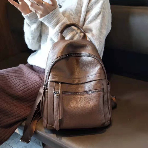 Caramel Real Genuine Leather Backpack Women Simple Fashion Cowhide Lady Leather Backpack Casual Female Rucksack Travel Bagpack
