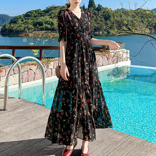 Casual A-Line Robes For Women 2021 Summer New Arrival Fashion V-Neck Short Sleeve Dress Ladies Black Print Slim Holiday Vestidos