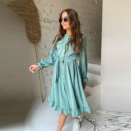 Casual Corduroy Ruffle Dress Vintage Button Sashes A-Line Party Dresses 2021 Women Autumn Winter Long Sleeve O Neck Knee Dress