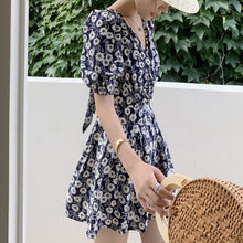 Load image into Gallery viewer, Casual Fashion Print V-Neck Jumpsuits Women Summer Backless Bandage Waist Slimming Playsuits Short Puff Sleeve Combinaison Femme