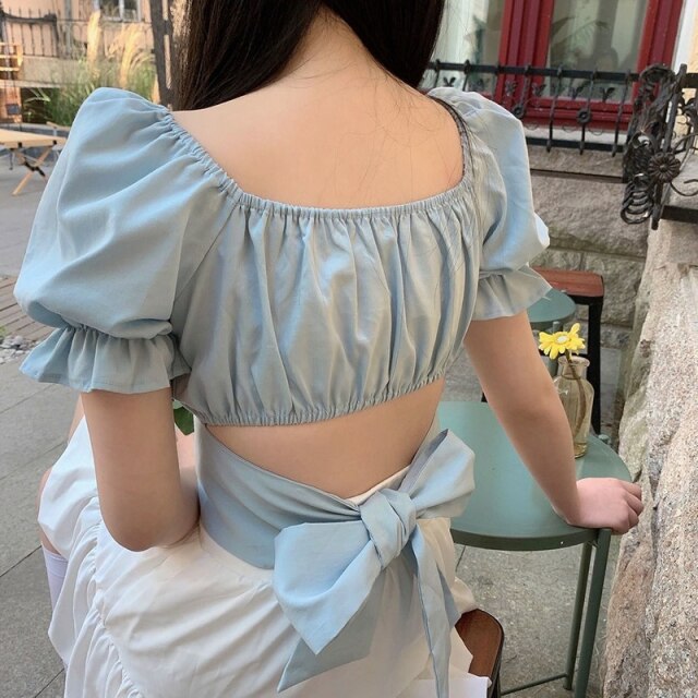 Casual Korean Elegant Blouses Women Backless Bule Sexy Chic Sweet Cute Shirts Puff Sleeve Bow Bandage Fashion Designer Beach Top
