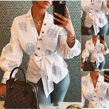 Load image into Gallery viewer, Casual Letter Print Long Sleeve Shirt Blouse Woman Spring Fall Fashion V-neck Tops Women 2021 White Elegant Lace Up Slim Shirts