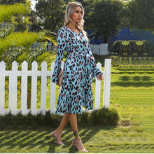 Load image into Gallery viewer, Casual Long Sleeve Leopard Print Midi Dress Women Spring Fall Fashion V-neck Belt Vestidos White Lace Up Dresses For Women 2021