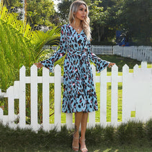 Load image into Gallery viewer, Casual Long Sleeve Leopard Print Midi Dress Women Spring Fall Fashion V-neck Belt Vestidos White Lace Up Dresses For Women 2021