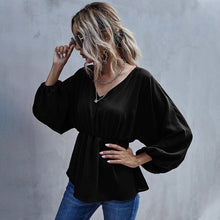 Load image into Gallery viewer, Casual Long Sleeve Shirt Blouse Woman Spring Fall Fashion V-neck Solid Shirts Top Femme White Elastic Waist Loose Women Clothing