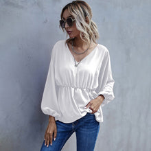 Load image into Gallery viewer, Casual Long Sleeve Shirt Blouse Woman Spring Fall Fashion V-neck Solid Shirts Top Femme White Elastic Waist Loose Women Clothing