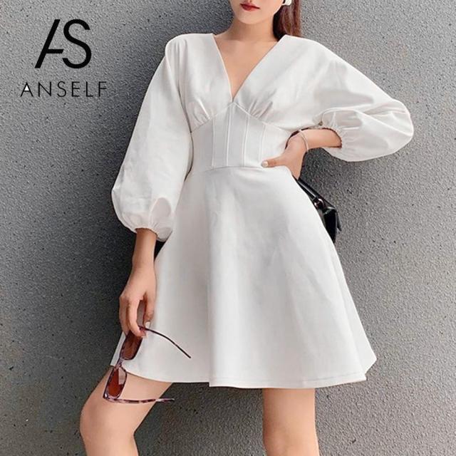 Casual Mini Dresses Fashion Women's Summer Sundress Dress V Neck Long Sleeve Puff Sleeve Elegant Solid Pleated dress For Party